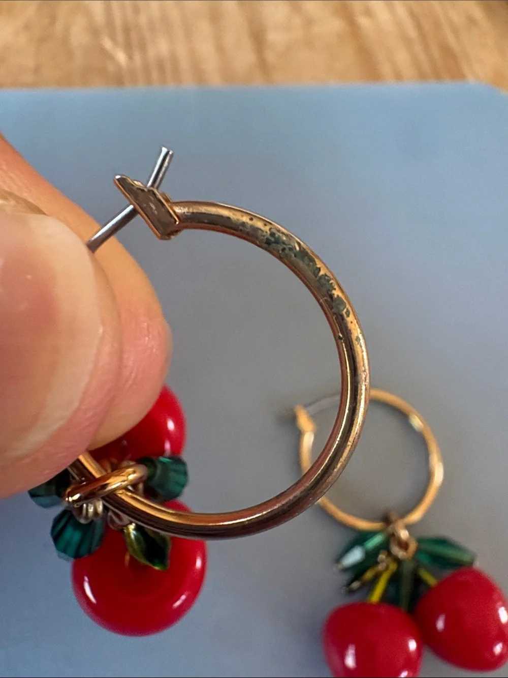 J. Crew Gold Hoop Earrings with Red Cherry and Green Leaf Charms